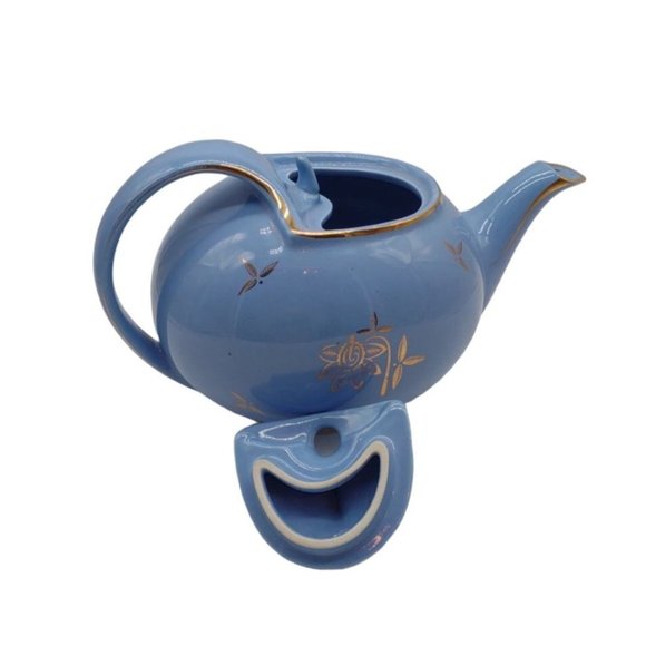 Tea Pot Hall Cadet Blue 1940s Hooked Lid Gold Trim 6 Cup - Picture 7 of 11